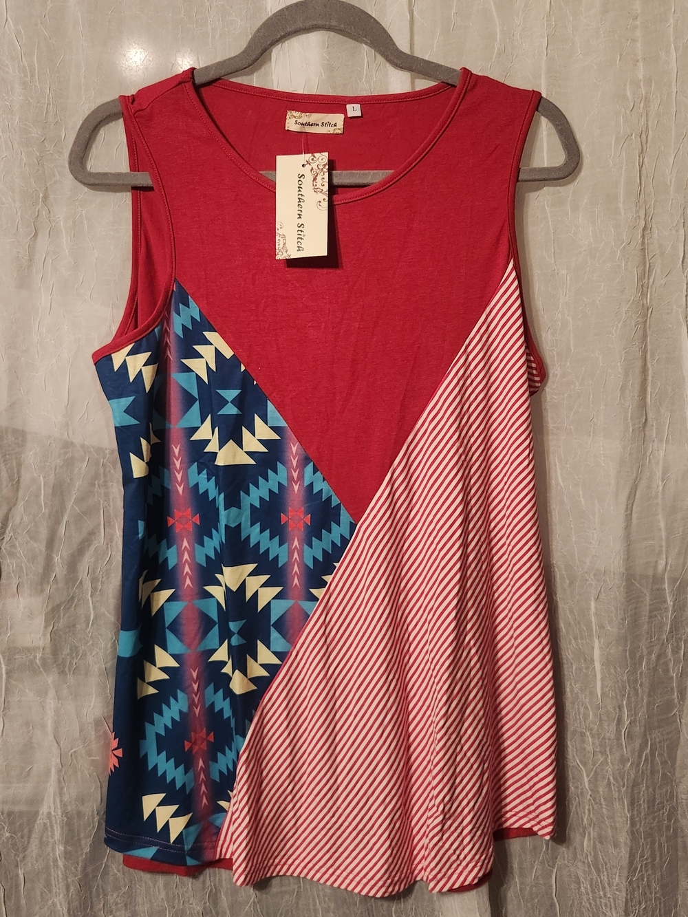 Southern Stitches Red Colorblock Tank Top with Aztec Panel